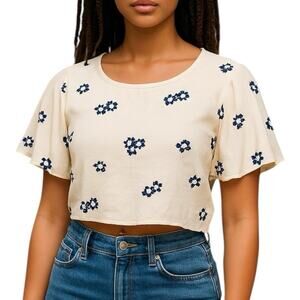 Caution To The Wind Embroidered Boho Crop Top Small Blue White Floral Flutter